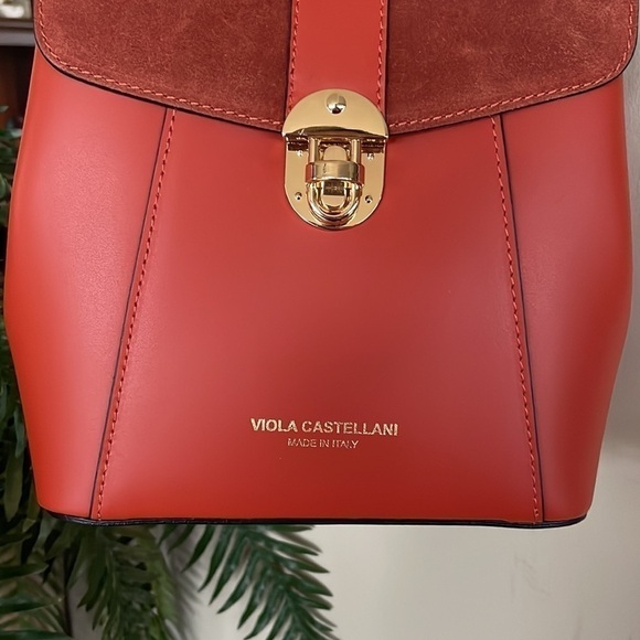 Brand New Viola Castellani Genuine Leather Papaya Orange Backpack Crossbody
